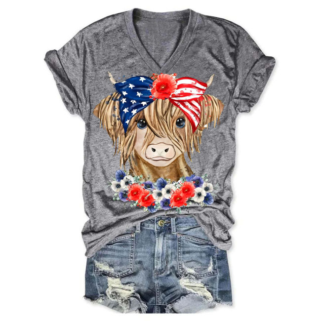 American Flag Cow Print V-Neck Tee – Show Your Patriotic Moo-ves!